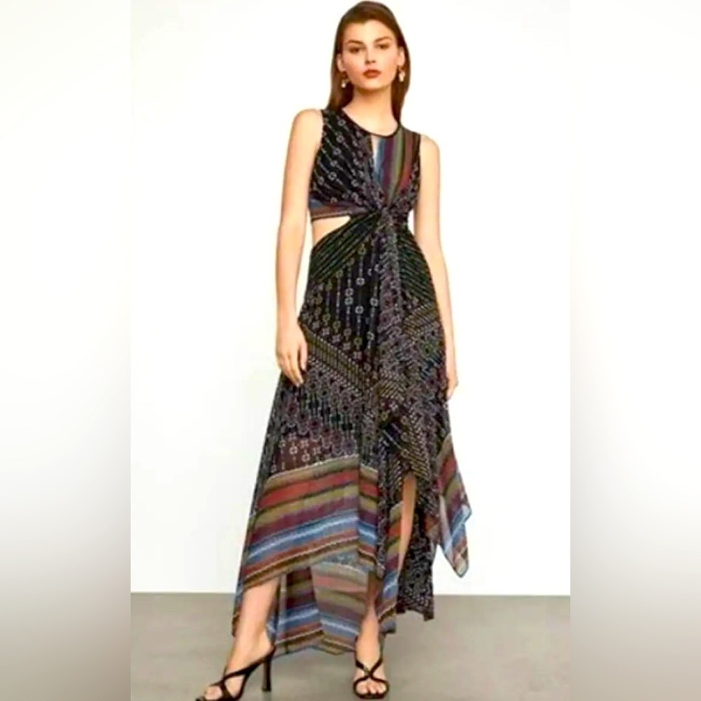 BCBG MAX AZRIA Sz 0 Asymmetric Side Cut Out Multicolor Patterned Maxi Dress